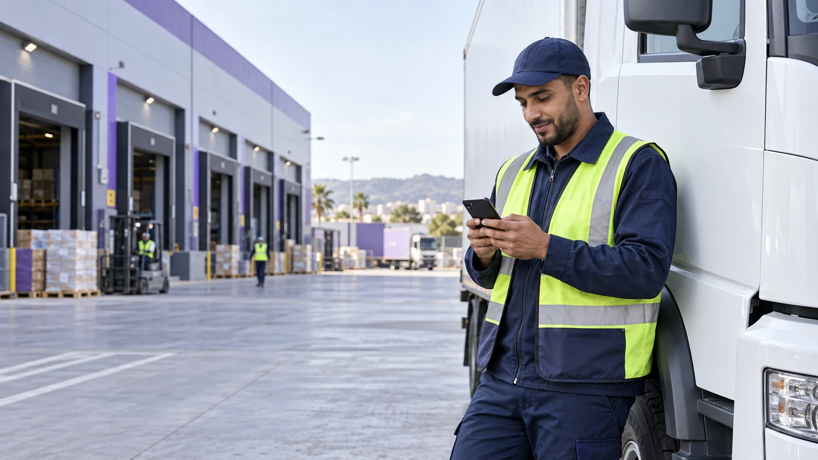 Un conducteur utilise son téléphone à côté d’un camion
