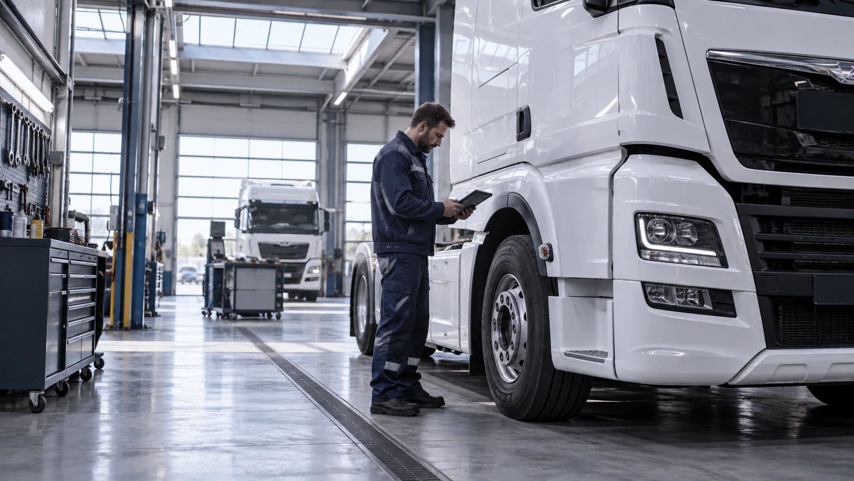 Un technicien inspecte un camion dans un atelier de maintenance