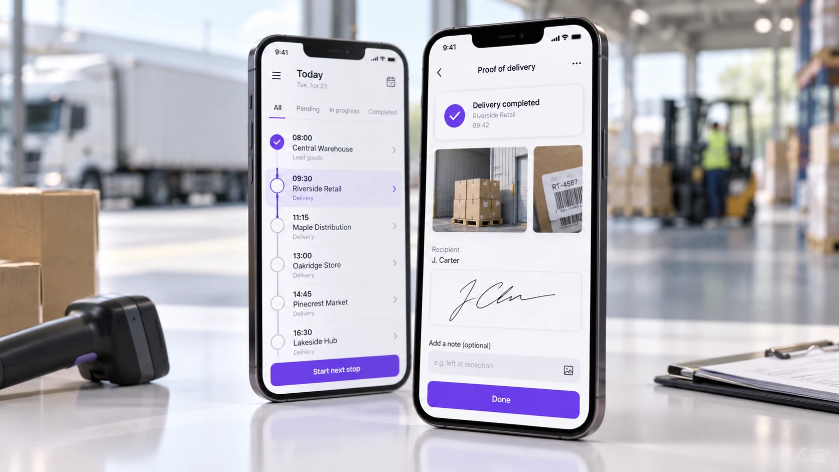 Interfaces illustratives de missions et de livraison sur smartphones, sans capture réelle d’ORCHESTRA