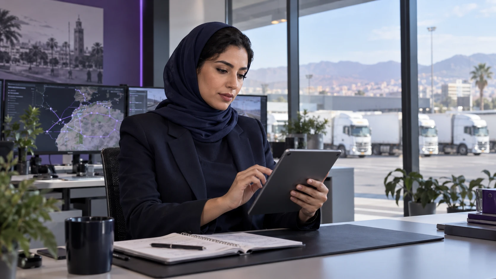 Une professionnelle de la logistique consulte une tablette dans un bureau d’exploitation