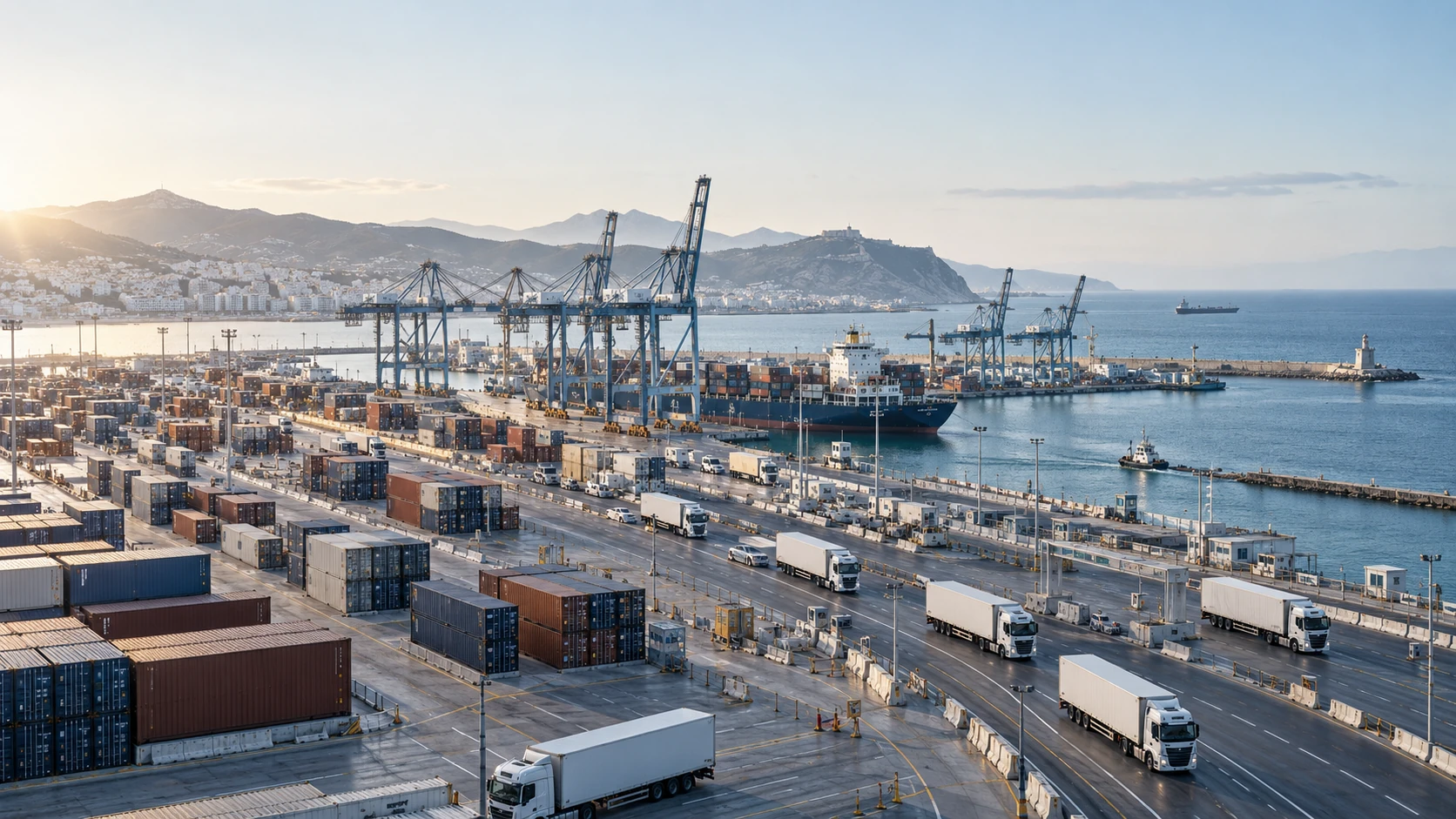 Camions de fret blancs et portiques à conteneurs dans un port méditerranéen