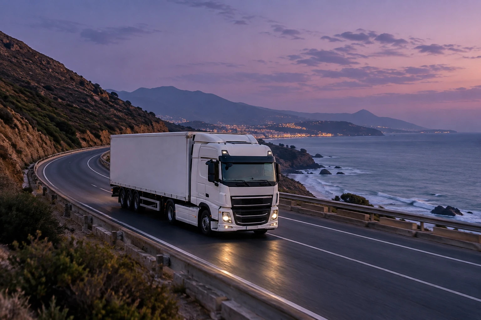 Camion de transport sur une autoroute côtière au crépuscule